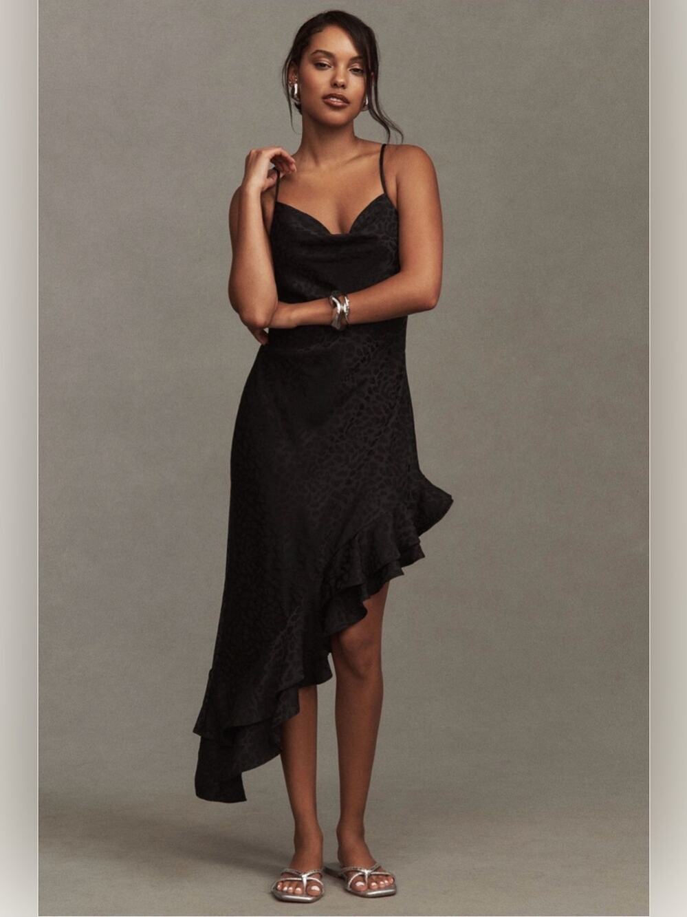 BHLDN Mila Asymmetrical Cheetah Satin Jacquard Midi Dress w/Ruffles Size Medium